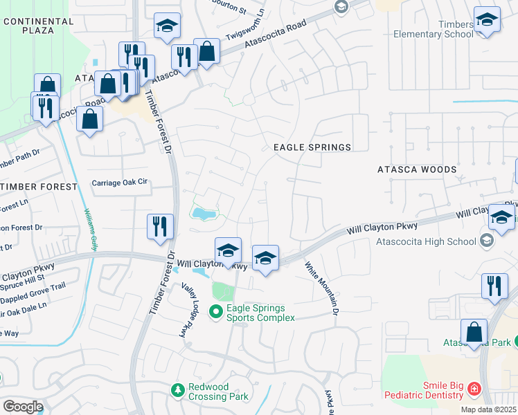 map of restaurants, bars, coffee shops, grocery stores, and more near 24 Bayou Mead Court in Atascocita