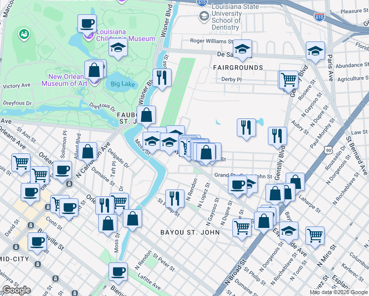 map of restaurants, bars, coffee shops, grocery stores, and more near 1428 Verna Court in New Orleans