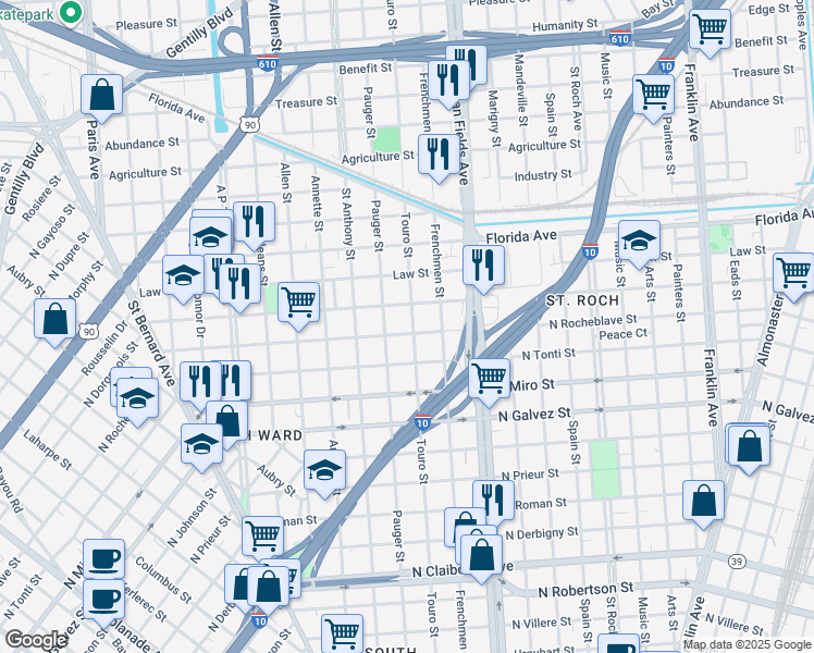 map of restaurants, bars, coffee shops, grocery stores, and more near 2421 Touro Street in New Orleans