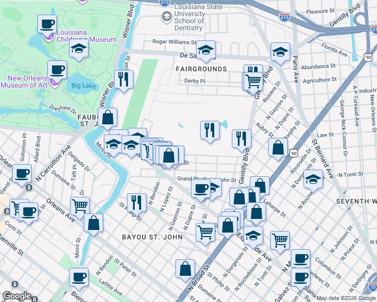 map of restaurants, bars, coffee shops, grocery stores, and more near 19 Fortin Street in New Orleans