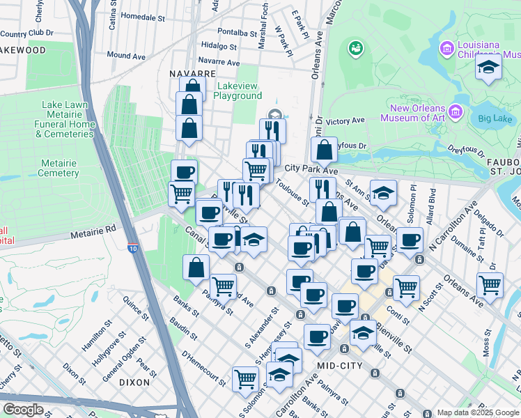 map of restaurants, bars, coffee shops, grocery stores, and more near 4749 Conti Street in New Orleans