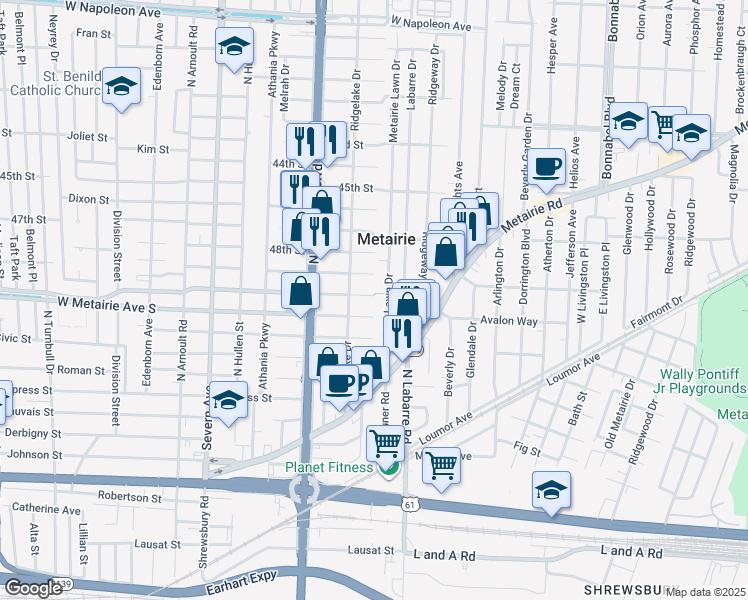 map of restaurants, bars, coffee shops, grocery stores, and more near 180 Metairie Lawn Drive in Metairie