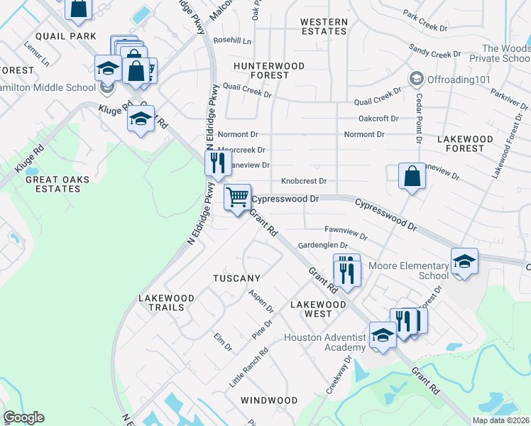 map of restaurants, bars, coffee shops, grocery stores, and more near 12315 Cypresswood Drive in Houston