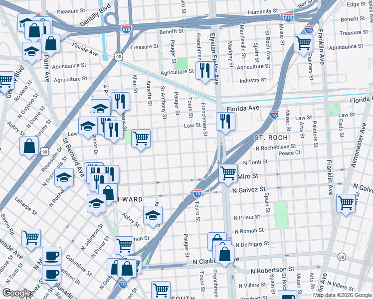 map of restaurants, bars, coffee shops, grocery stores, and more near 3119 Pauger Street in New Orleans