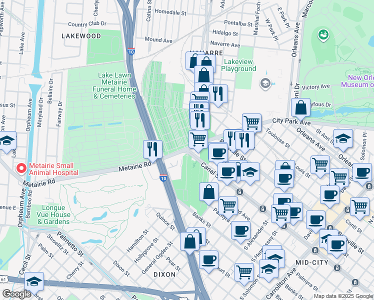 map of restaurants, bars, coffee shops, grocery stores, and more near City Park Ave & Canal St in New Orleans