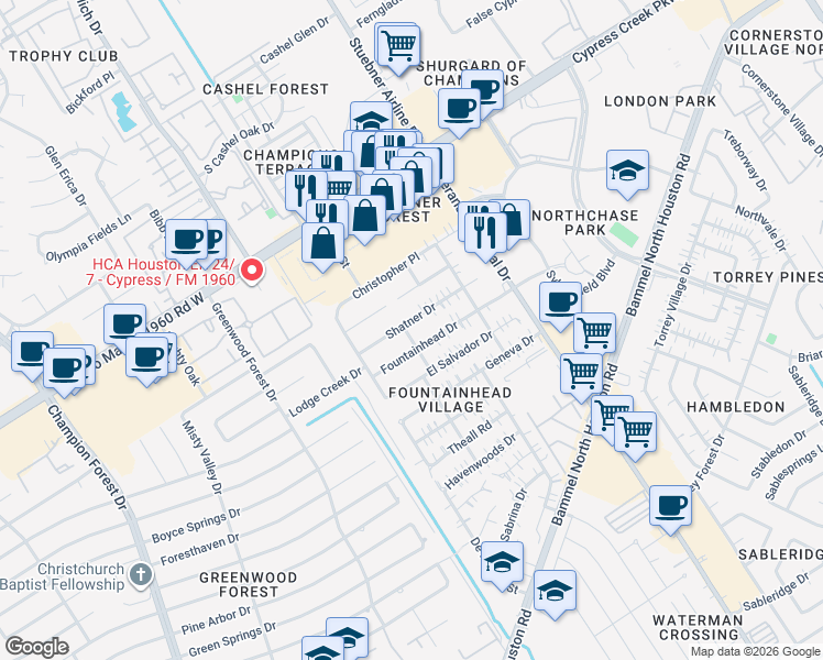 map of restaurants, bars, coffee shops, grocery stores, and more near 4719 Shatner Drive in Houston