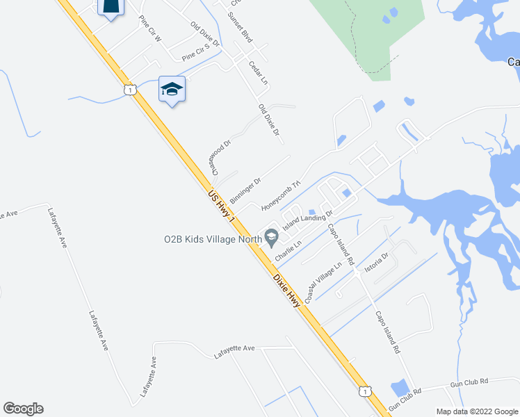 map of restaurants, bars, coffee shops, grocery stores, and more near 84 Binninger Drive in St. Augustine