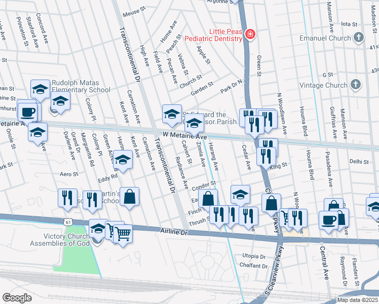map of restaurants, bars, coffee shops, grocery stores, and more near 4816 Army Street in Metairie