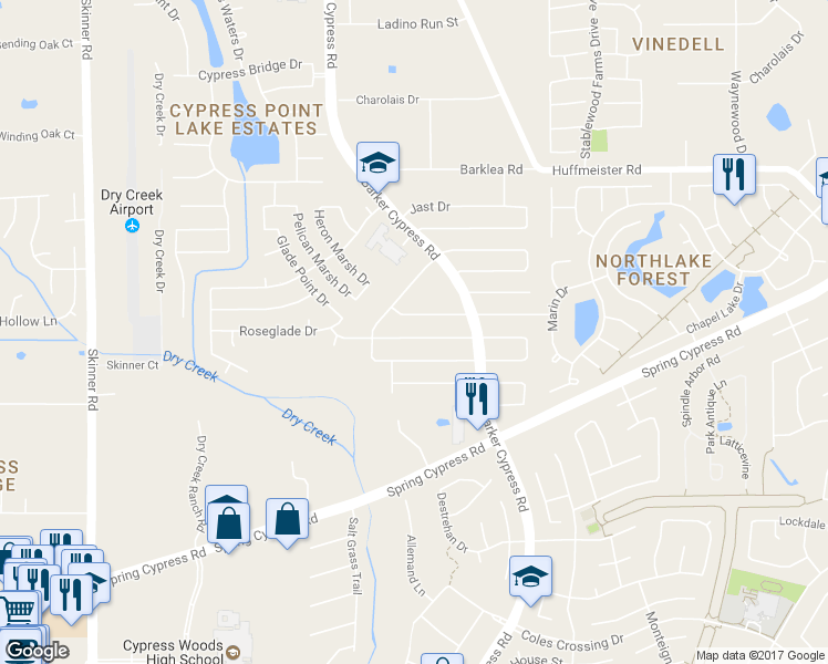 map of restaurants, bars, coffee shops, grocery stores, and more near 16318 Cypress Point Drive in Cypress