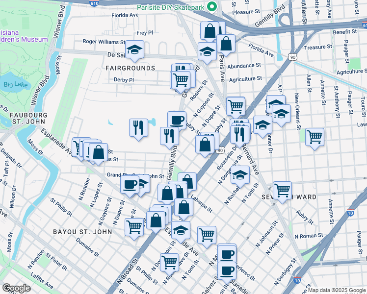 map of restaurants, bars, coffee shops, grocery stores, and more near 1659 North Dupre Street in New Orleans