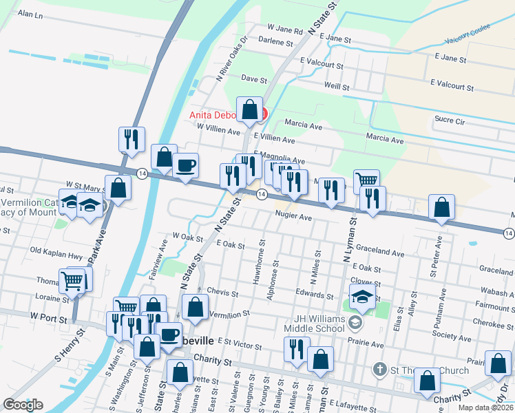 map of restaurants, bars, coffee shops, grocery stores, and more near 421 Nugier Street in Abbeville