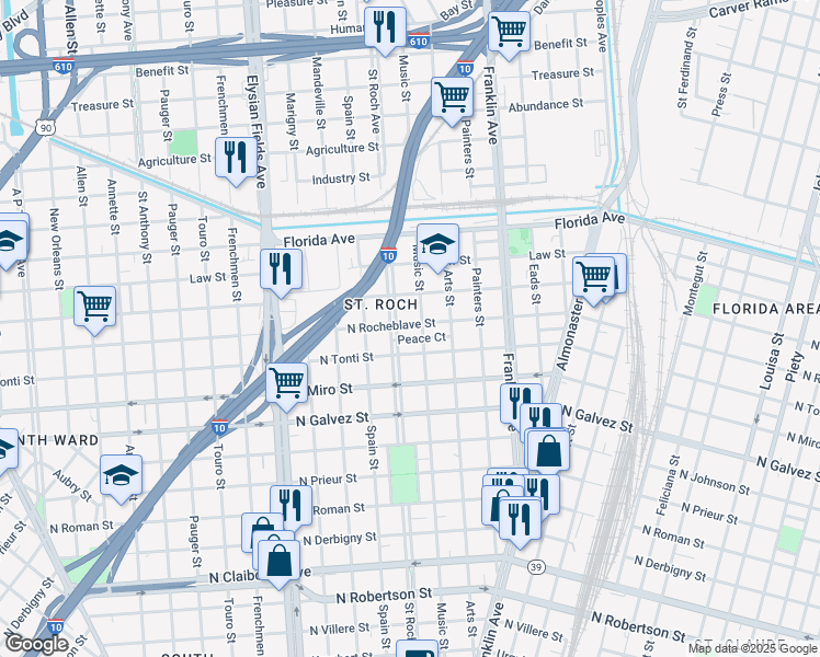 map of restaurants, bars, coffee shops, grocery stores, and more near 2558 North Rocheblave Street in New Orleans