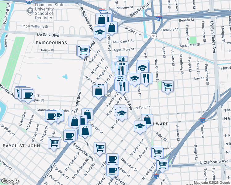 map of restaurants, bars, coffee shops, grocery stores, and more near 2526 O'Reilly Street in New Orleans