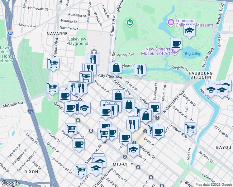 map of restaurants, bars, coffee shops, grocery stores, and more near 606 North Olympia Street in New Orleans