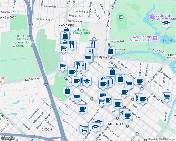 map of restaurants, bars, coffee shops, grocery stores, and more near 4749 Conti Street in New Orleans