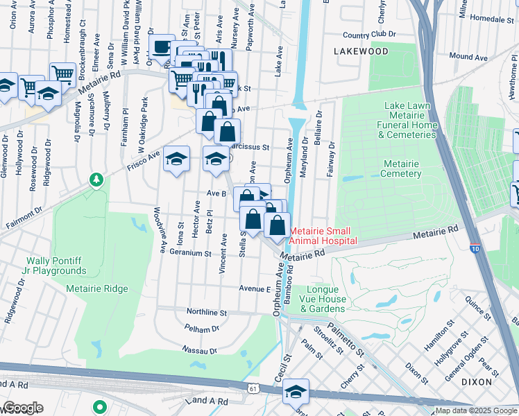 map of restaurants, bars, coffee shops, grocery stores, and more near 131 Lake Avenue in Metairie