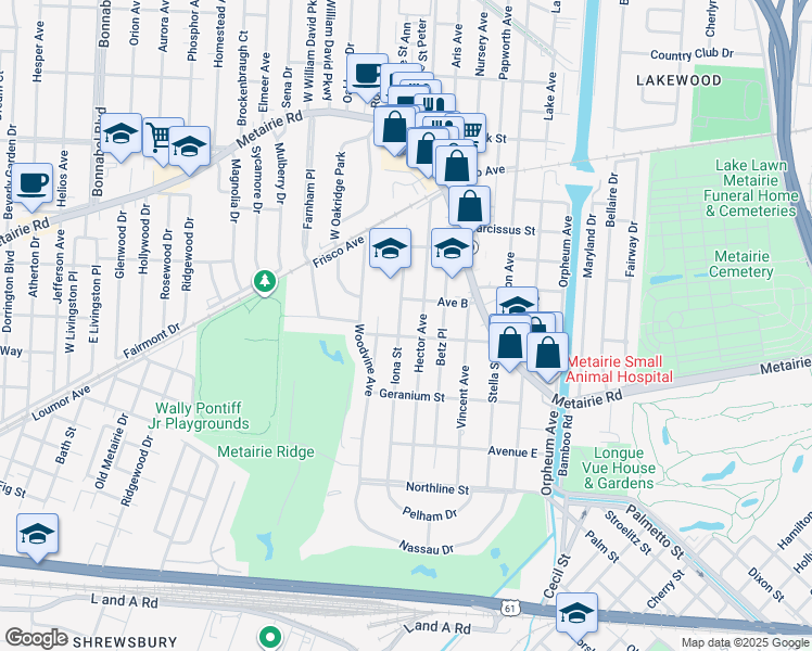 map of restaurants, bars, coffee shops, grocery stores, and more near 317 Hector Avenue in Metairie