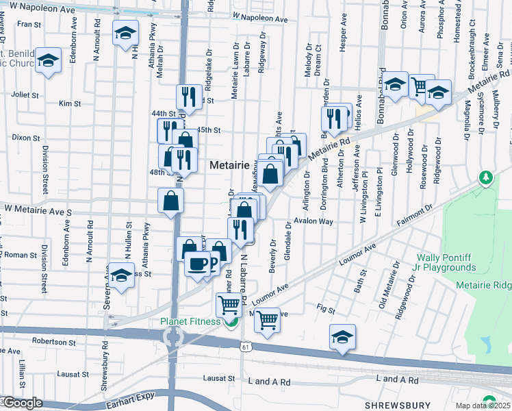 map of restaurants, bars, coffee shops, grocery stores, and more near 2508 Vivian Street in Metairie