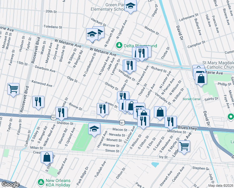 map of restaurants, bars, coffee shops, grocery stores, and more near 408 Trudeau Drive in Metairie