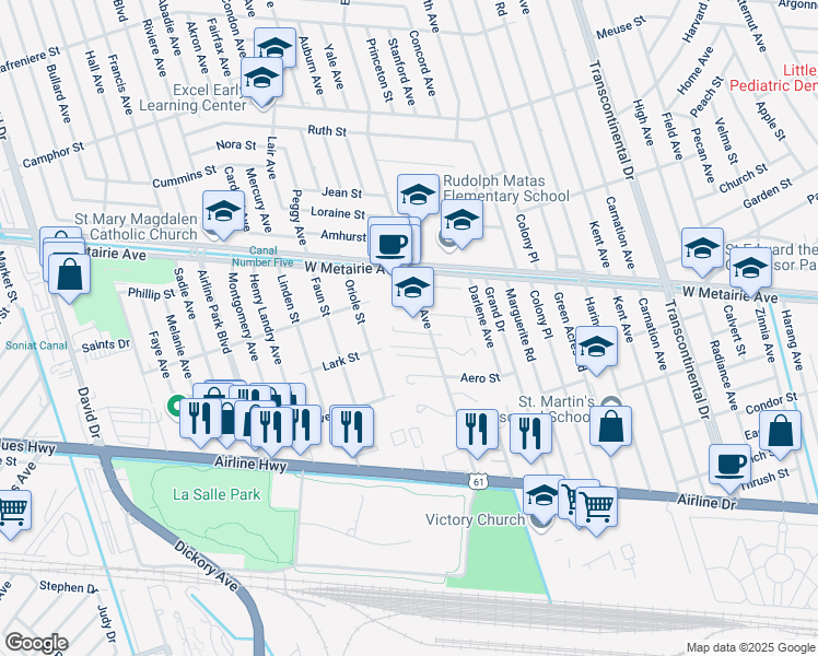 map of restaurants, bars, coffee shops, grocery stores, and more near 5933 Melroy Court in Metairie
