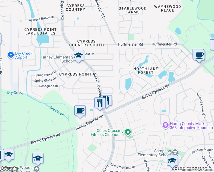 map of restaurants, bars, coffee shops, grocery stores, and more near 16122 Cypress Point Drive in Cypress