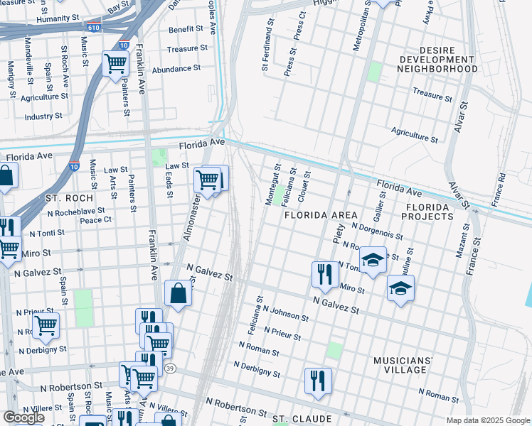 map of restaurants, bars, coffee shops, grocery stores, and more near 2419 Montegut Street in New Orleans