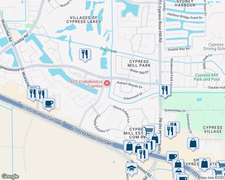 map of restaurants, bars, coffee shops, grocery stores, and more near 14419 Bladenboro Drive in Cypress