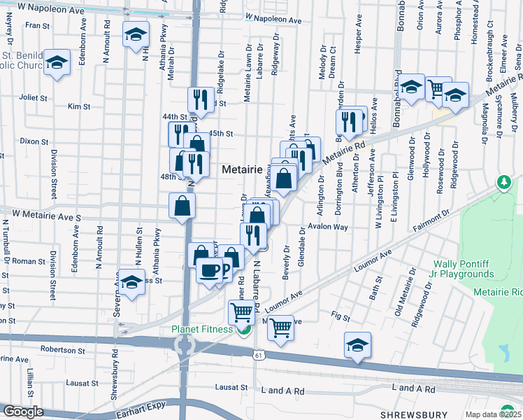 map of restaurants, bars, coffee shops, grocery stores, and more near 2508 Vivian Street in Metairie