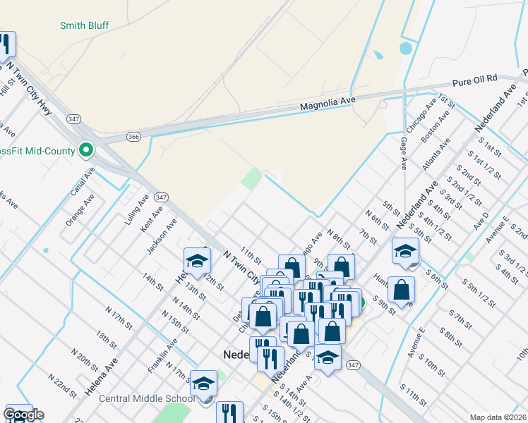 map of restaurants, bars, coffee shops, grocery stores, and more near 716 9th Street in Nederland