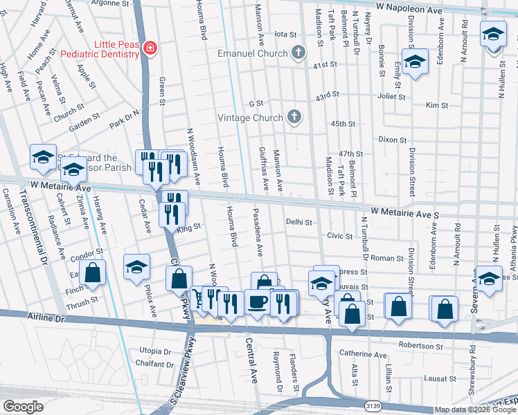 map of restaurants, bars, coffee shops, grocery stores, and more near 815 Pasadena Avenue in Metairie