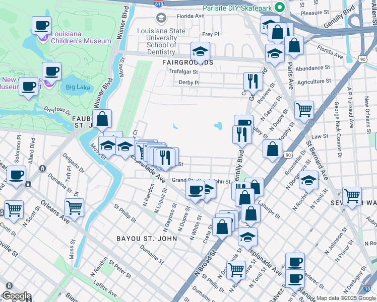 map of restaurants, bars, coffee shops, grocery stores, and more near 2 Sauvage St in New Orleans