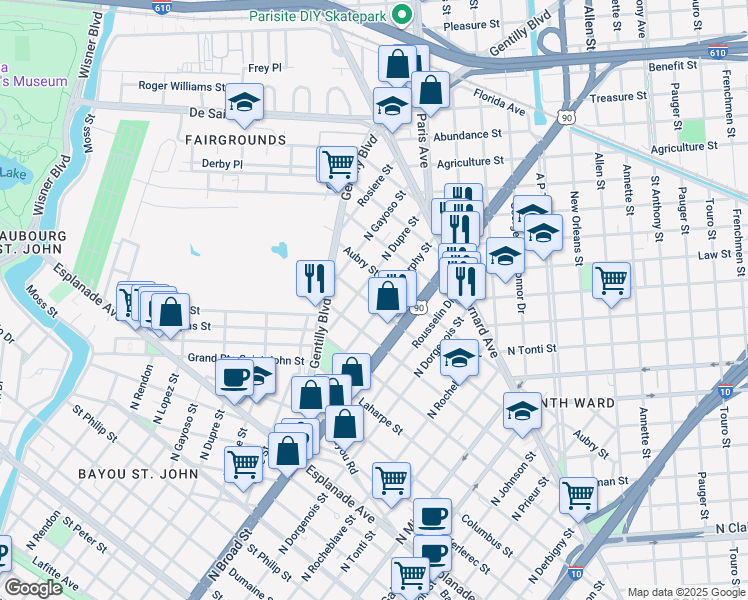 map of restaurants, bars, coffee shops, grocery stores, and more near 2713 D'Abadie Street in New Orleans