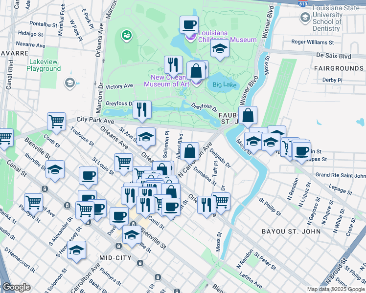 map of restaurants, bars, coffee shops, grocery stores, and more near 32 Allard Boulevard in New Orleans