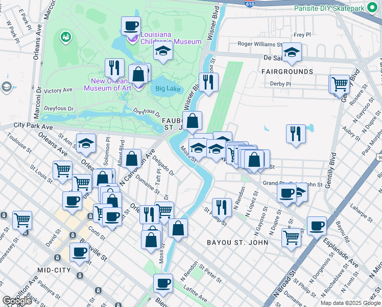 map of restaurants, bars, coffee shops, grocery stores, and more near 1440 Moss Street in New Orleans