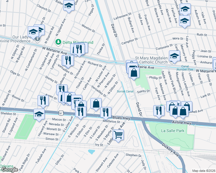 map of restaurants, bars, coffee shops, grocery stores, and more near 1012 North Wilson Street in Metairie