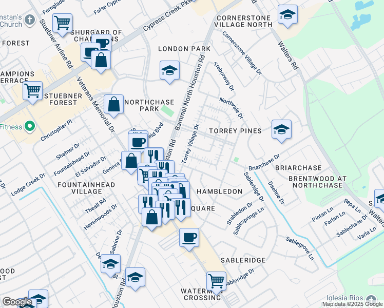 map of restaurants, bars, coffee shops, grocery stores, and more near 4250 Torrey Creek Lane in Houston