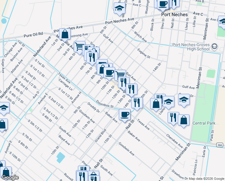 map of restaurants, bars, coffee shops, grocery stores, and more near 2225 11th St in Port Neches