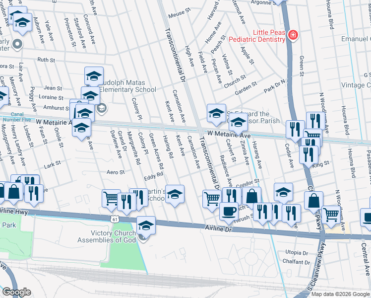 map of restaurants, bars, coffee shops, grocery stores, and more near 804 Kent Avenue in Metairie