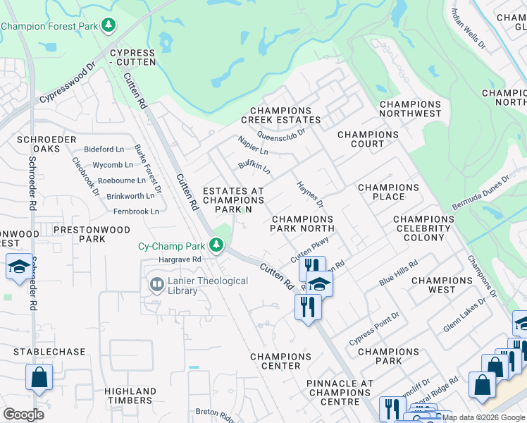 map of restaurants, bars, coffee shops, grocery stores, and more near 14115 Penny Lane in Houston