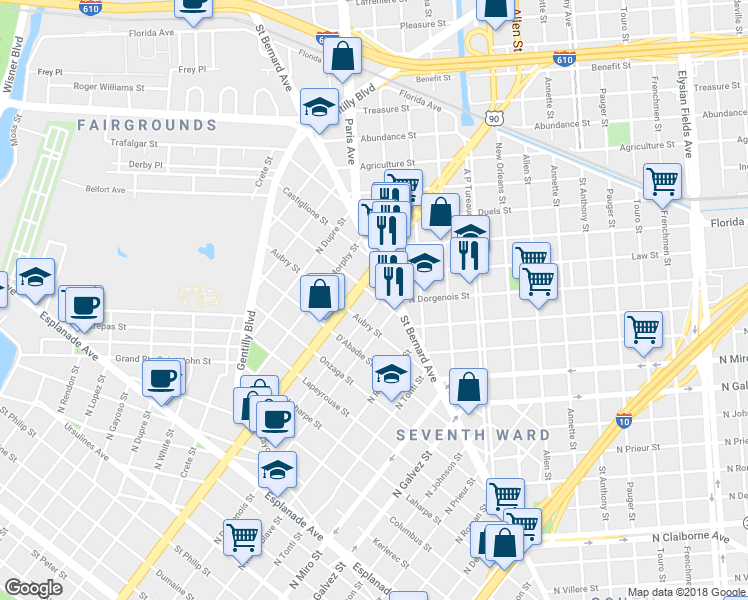 map of restaurants, bars, coffee shops, grocery stores, and more near 2526 O'Reilly Street in New Orleans