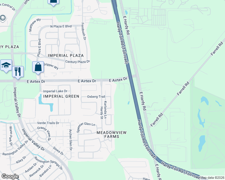 map of restaurants, bars, coffee shops, grocery stores, and more near 20022 Tunham Trail in Houston