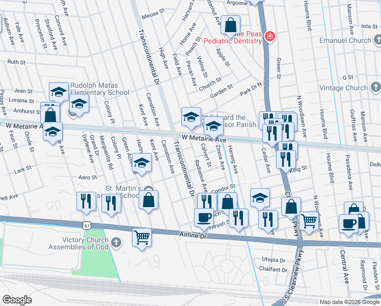 map of restaurants, bars, coffee shops, grocery stores, and more near 710 Radiance Avenue in Metairie