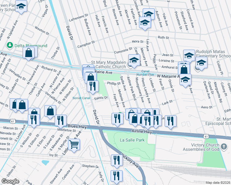 map of restaurants, bars, coffee shops, grocery stores, and more near 613 Faye Avenue in Metairie
