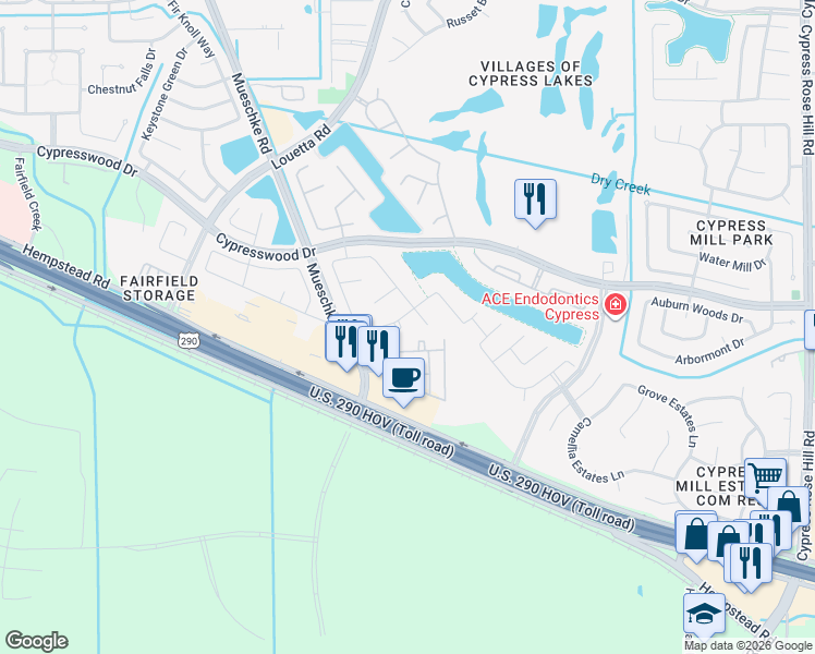 map of restaurants, bars, coffee shops, grocery stores, and more near 14106 April Glen Court in Cypress