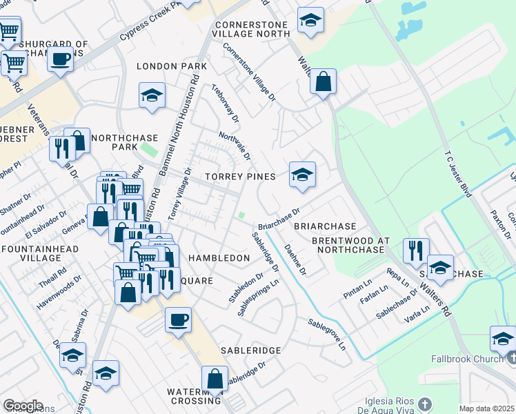 map of restaurants, bars, coffee shops, grocery stores, and more near 13927 Elm Trail Lane in Houston