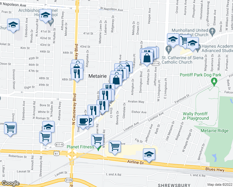map of restaurants, bars, coffee shops, grocery stores, and more near 2420 Metairie Road in Metairie