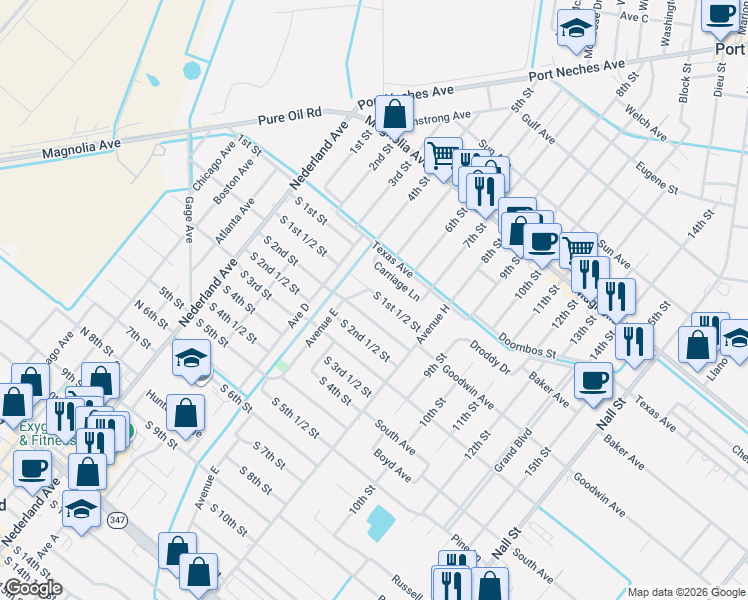 map of restaurants, bars, coffee shops, grocery stores, and more near 612 South 1st 1/2 Street in Nederland