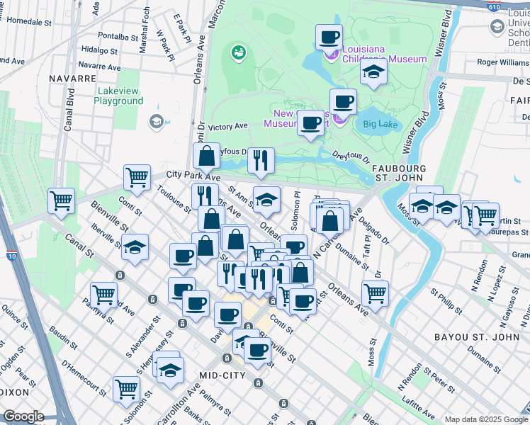 map of restaurants, bars, coffee shops, grocery stores, and more near 4229 Saint Ann Street in New Orleans