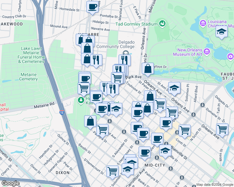 map of restaurants, bars, coffee shops, grocery stores, and more near 318 North Anthony Street in New Orleans