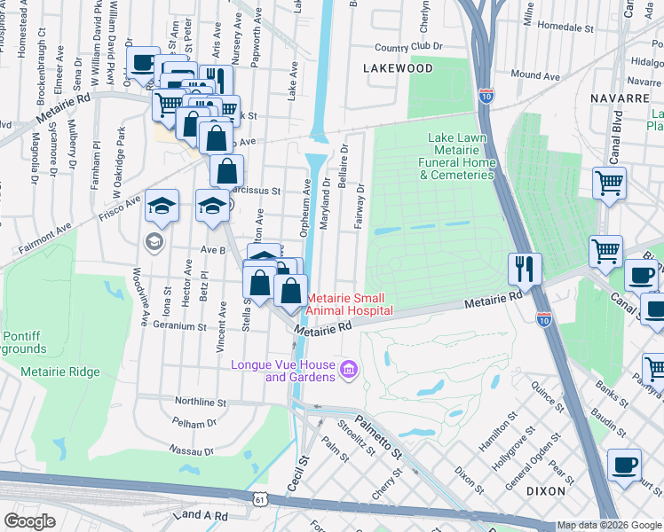 map of restaurants, bars, coffee shops, grocery stores, and more near 233 Bellaire Drive in New Orleans